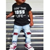 lovely Casual O Neck Letter Print Black Boy Two-pi