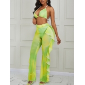 lovely Sexy Lace-up Tie Dye Yellow Two Piece Pants