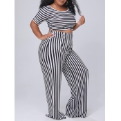 lovely Leisure O Neck Striped Black Plus Size Two-