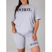 lovely Casual O Neck Letter Print Grey Plus Size T