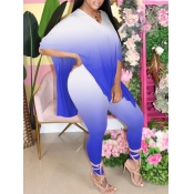 LW Plus Size Casual V Neck Gradient Blue Two-piece