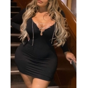 LW Plus Size Sexy V Neck Bandage Design Black Dres