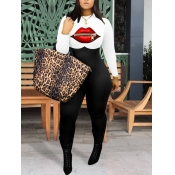 LW O Neck Lip Print Patchwork White Jumpsuit