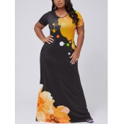 Lovely Plus Size Casual V Neck Print Yellow Ankle 