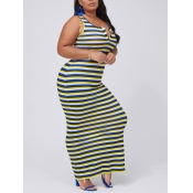 lovely Sexy Striped Blue Ankle Length Plus Size Dr