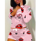 LW Stylish Lip Print Pink Two Piece Shorts Set