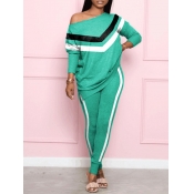 Lovely Sportswear O Neck Patchwork Green Two Piece