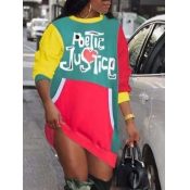 LW O Neck Patchwork Letter Print Green Mini Dress