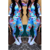 LW Floral Printed Blue Twilled Satin Tracksuit Pan