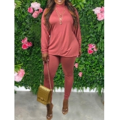lovely Casual Turtleneck Side Slit Pink Two Piece 