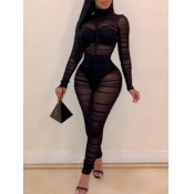 Lovely Sexy Fold Design See-through Black One-piec