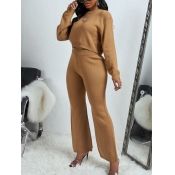 lovely Casual O Neck Basic Brown Two Piece Pants S