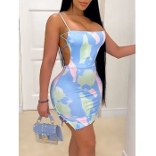 Lovely Sexy Print Hollow-out Blue Mini Dress