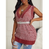 lovely Casual V Neck Patchwork Red Mini Dress