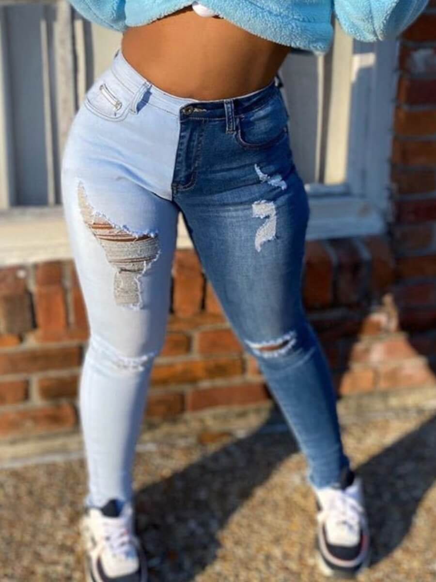 LW Medium Stretchy Broken Holes Skinny Blue Jeans