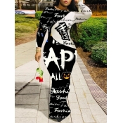Lovely Street O Neck Letter Print Patchwork Black 