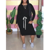 Lovely Leisure O Neck Drawstring Black Knee Length