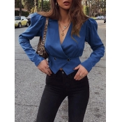 lovely Trendy V Neck Buttons Design Blue Blazer