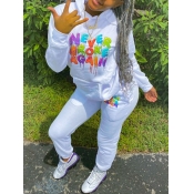 LW Casual Letter Print White Two Piece Pants Set