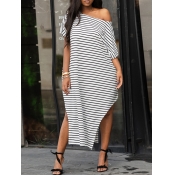 lovely Casual Striped Asymmetrical White Mid Calf 