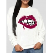 lovely Casual O Neck Lip Print White Hoodie