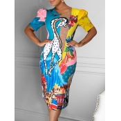 lovely Sweet Cartoon Print Blue Knee Length Dress