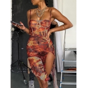 Lovely Sexy Spaghetti Strap Print Asymmetrical Red
