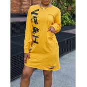 lovely Casual O Neck Letter Print Yellow Mini Dres