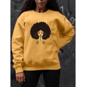 lovely Leisure O Neck Print Yellow Hoodie
