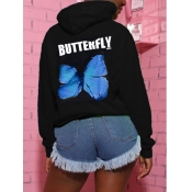 Lovely Casual Hooded Collar Butterfly Print Black 