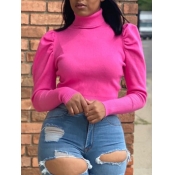 Lovely Leisure Turtleneck Basic Rose Red Blouse