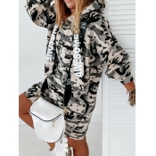 lovely Casual Hooded Collar Camo Print Army Green 