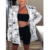 lovely Trendy Turn-back Collar Print White Blazer
