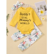 lovely Casual O Neck Print Yellow Girl Two-piece P