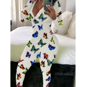 Lovely Stylish V Neck Butterfly Print White Sleepw