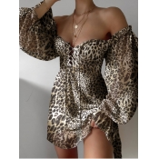lovely Trendy Dew Shoulder Leopard Print Mini Dres