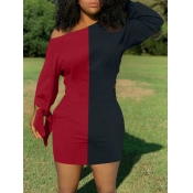 lovely Casual Patchwork Wine Red Mini Dress