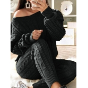 LW Casual O Neck Striped Black Two Piece Pants Set