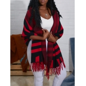 lovely Casual Striped Tassel Design Red Cardigan