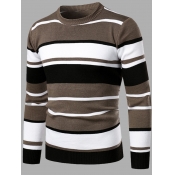 Lovely Casual O Neck Striped Patchwork Grey Men Sw
