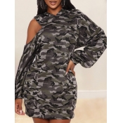 Lovely Casual Hooded Collar Camo Print Hollow-out 