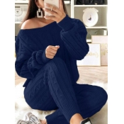 LW Casual O Neck Striped Blue Two Piece Pants Set