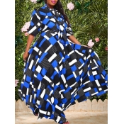lovely Stylish Print Blue Maxi Plus Size Dress