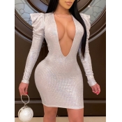 Lovely Sexy Deep V Neck Sequined Silver Mini Dress