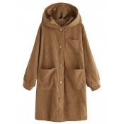 Lovely Casual Hooded Collar Buttons Design Khaki L