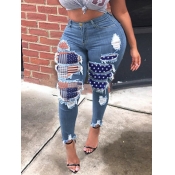 Lovely Street Print Patchwork Blue Plus Size Jeans