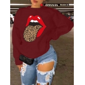 Lovely Leisure O Neck Lip Print Wine Red Hoodie
