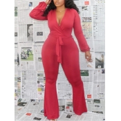 Lovely Leisure V Neck Lace-up Red Plus Size One-pi