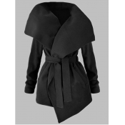 Lovely Casual Turndown Collar Lace-up Black Coat