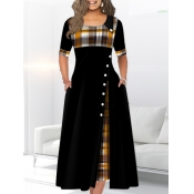 Lovely Stylish U Neck Buttons Design Patchwork Bla